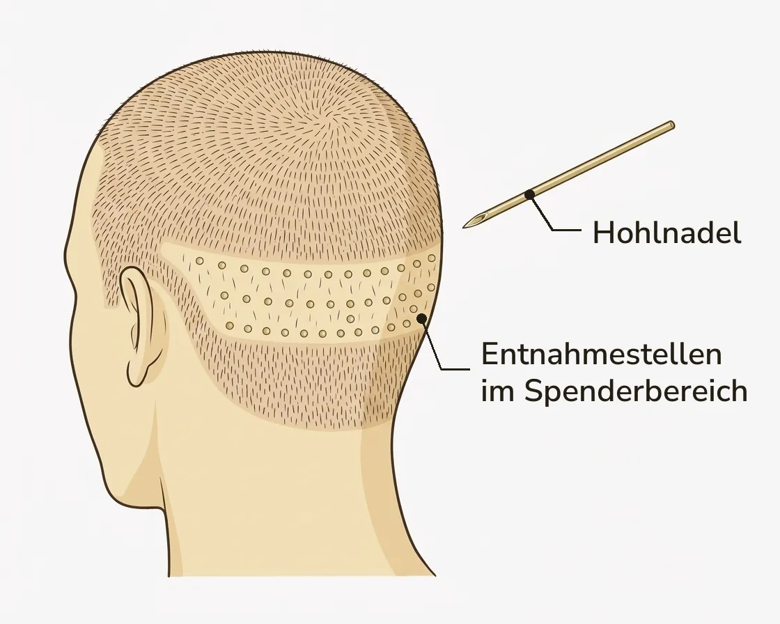 Schema: Einzelne Grafts werden mit einer Hohlnadel aus dem Spenderbereich entnommen.