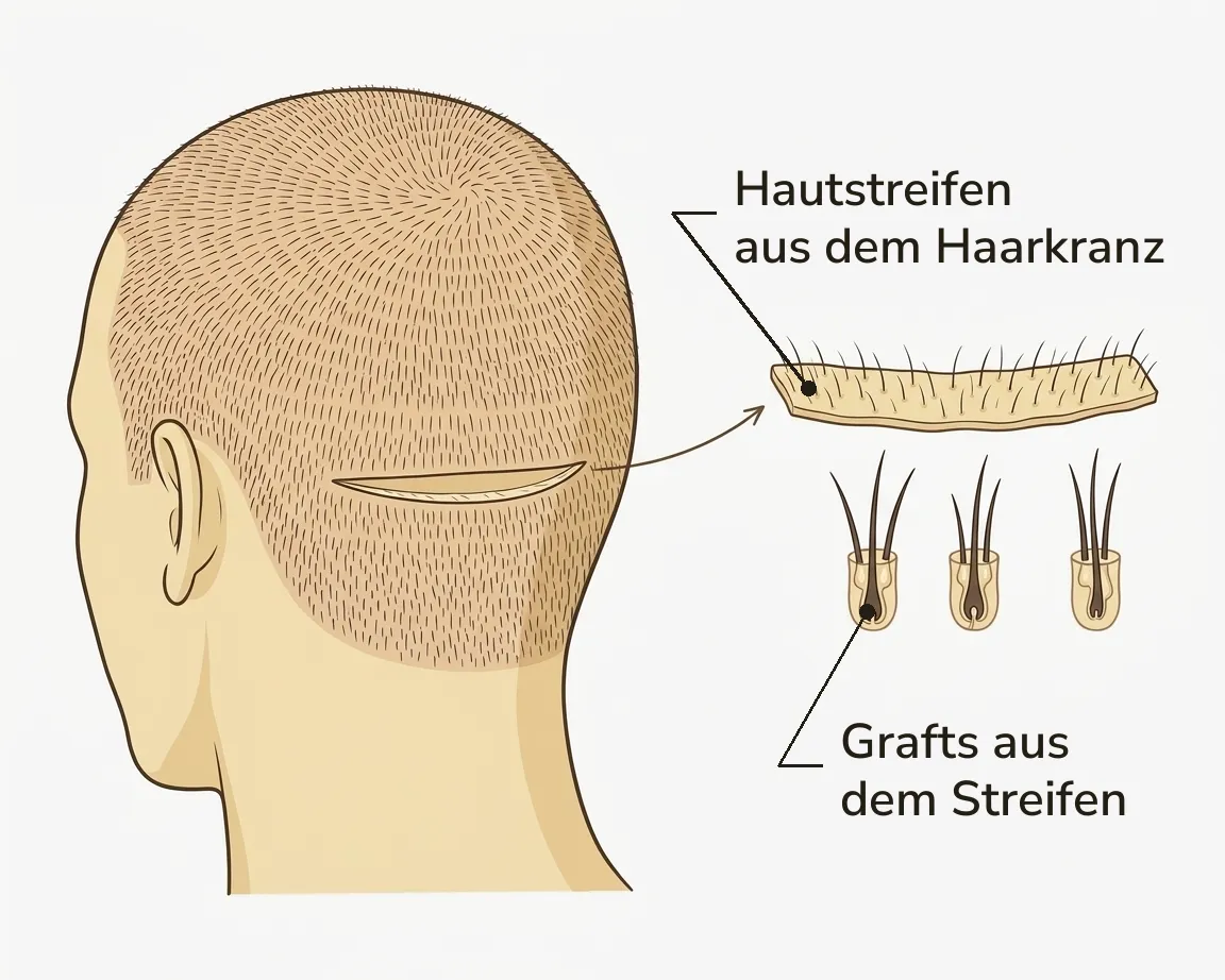 Schema: Ein schmaler Hautstreifen wird aus dem Haarkranz entnommen und in Grafts geteilt.